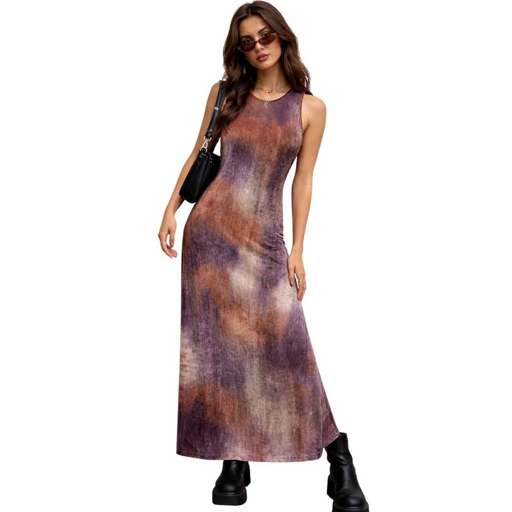 FRANCES HUEY WALTZER 90s Velvet Maxi Dress Tie Dye Brown Sleeveless 10